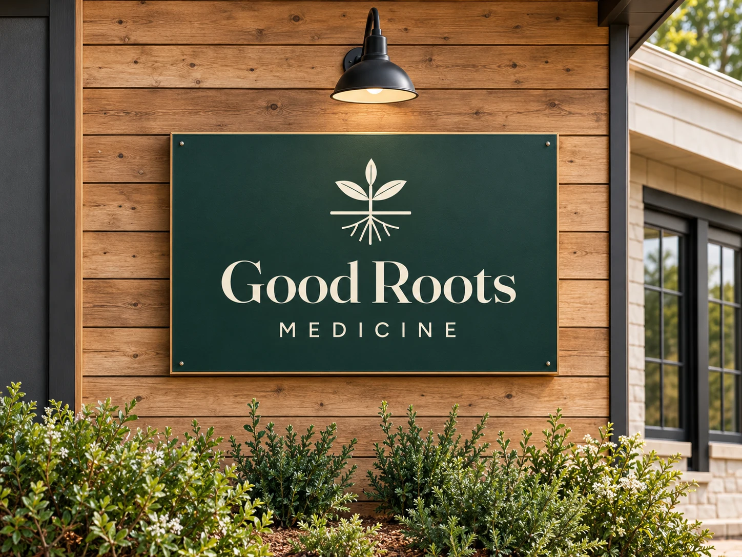 Good Roots Medicine signage concept in forest green against warm oak