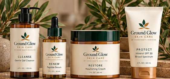 Ground Glow Skin Care concept packaging with amber containers and cream labels