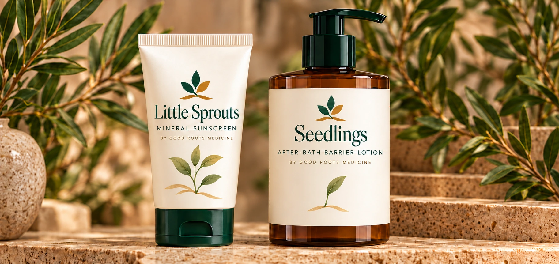 Packaging concepts for Little Sprouts mineral sunscreen and Seedlings After-Bath Barrier Lotion in cream, forest green, and amber botanical styling
