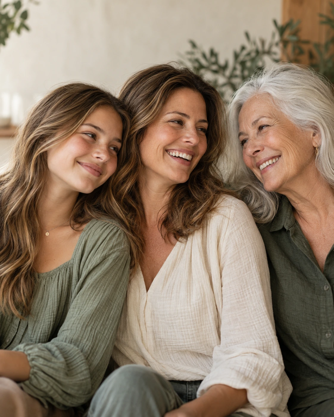 Three generations—a teenage daughter, her mother, and her grandmother—smiling together